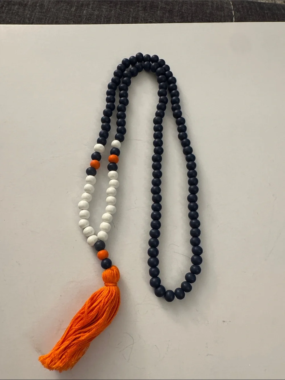 Beaded Necklace with Orange Tassel - Navy & White J33